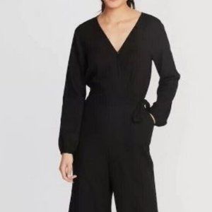 Black linen blend 3/4 sleeve side tie belt romper women's size medium